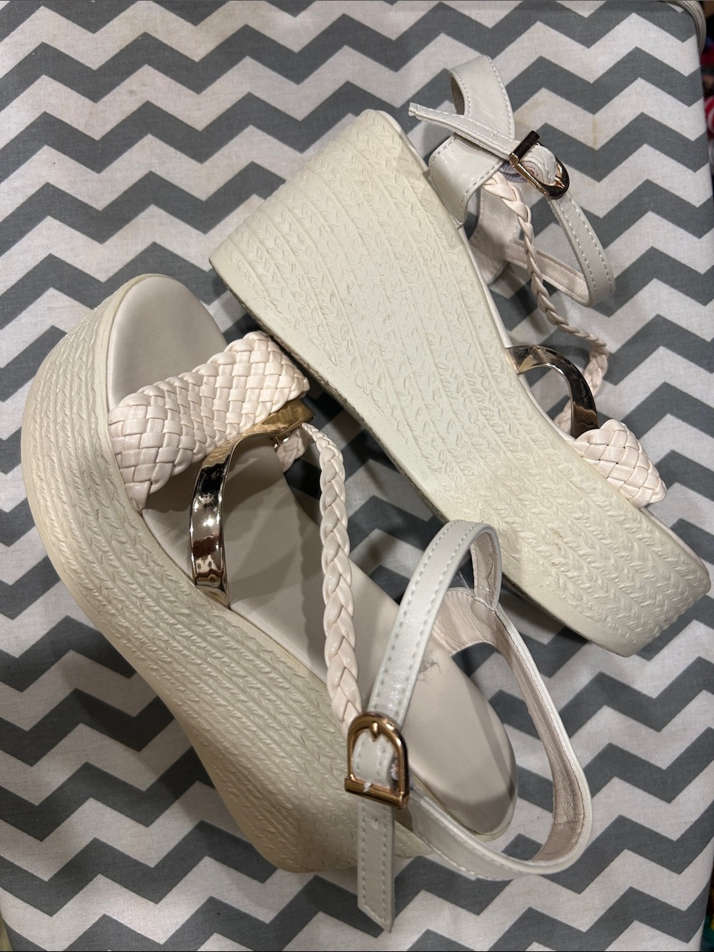 Womens Cream Braided Platform Sandals with Ankle Strap